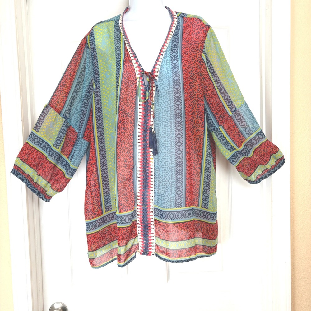 Boho Paisley Sheer V-Neck Long Sleeve Crochet One Size Multicolor Tassel Trim
